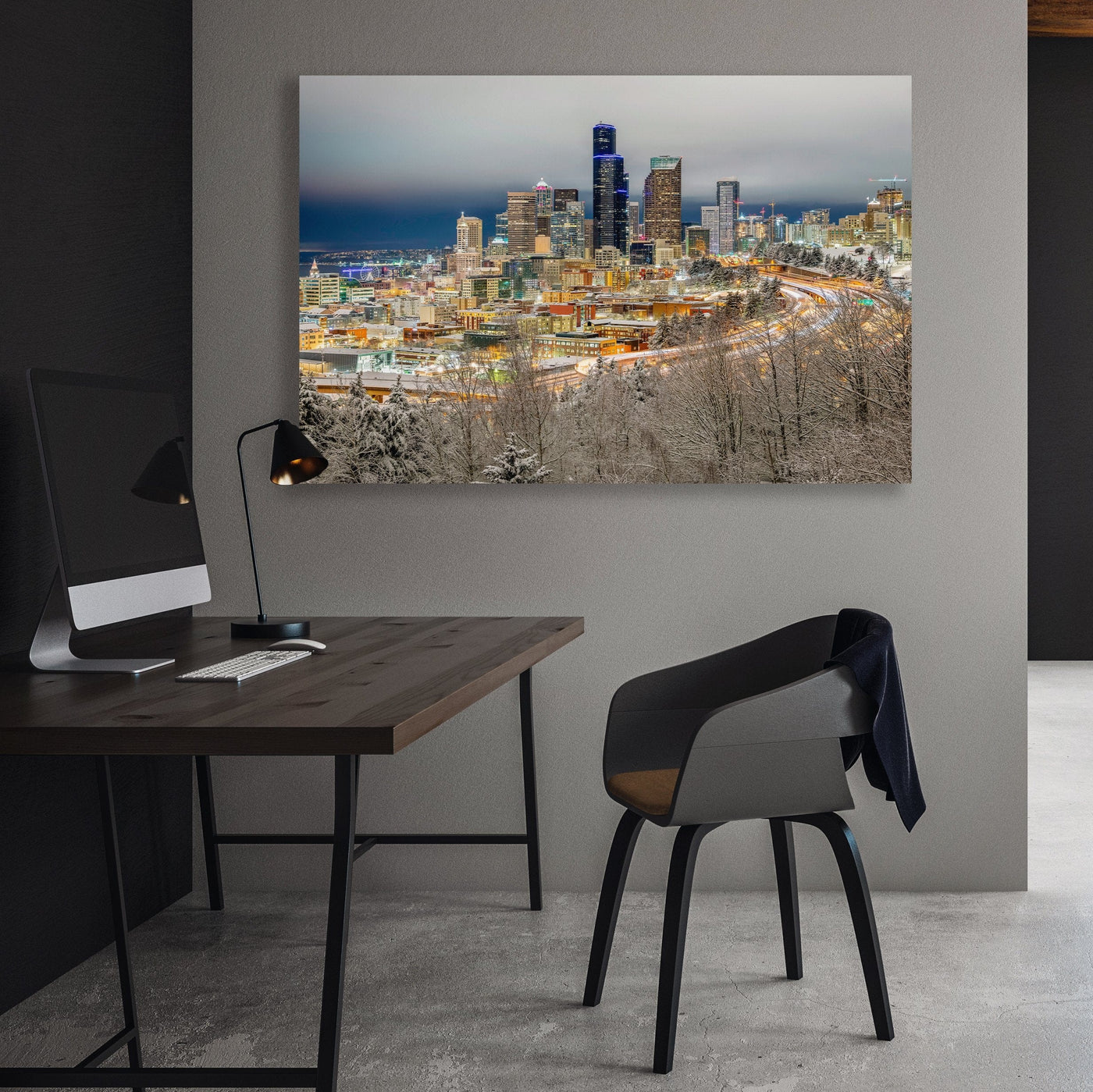 Snowy Seattle Skyline Limited Edition displayed in a modern room interior