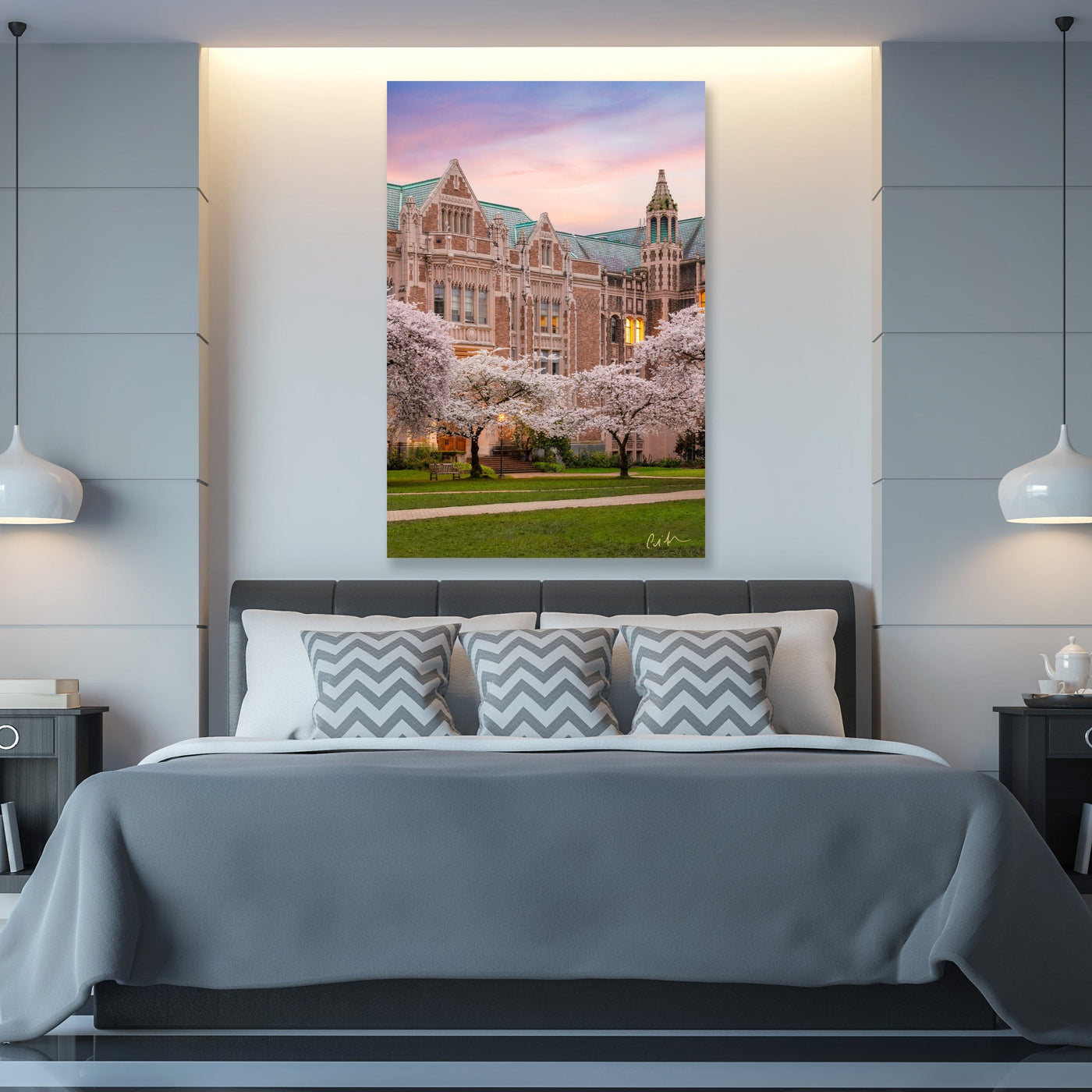 University of Washington Cherry Blossoms displayed in a styled room interior