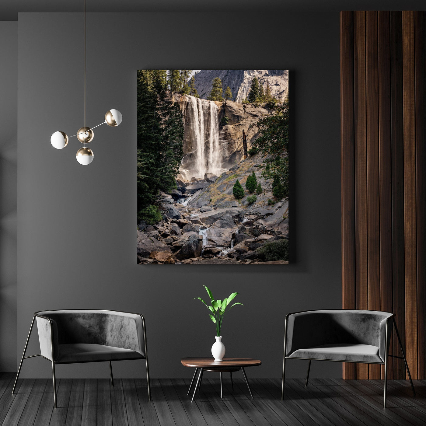 Yosemite Vernal Falls displayed in a contemporary room interior