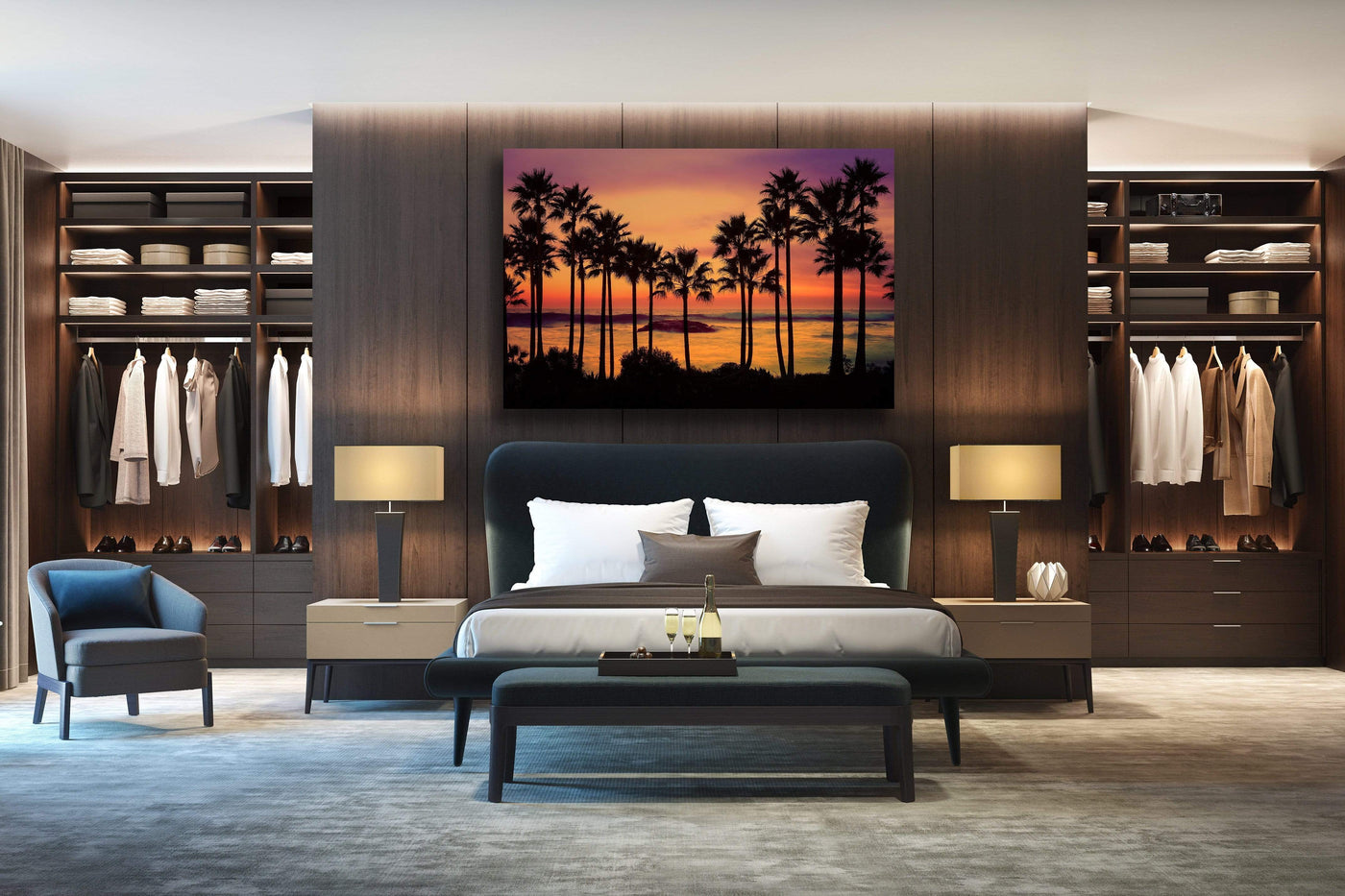 Laguna Beach Palm Tree Sunset displayed in a styled room interior