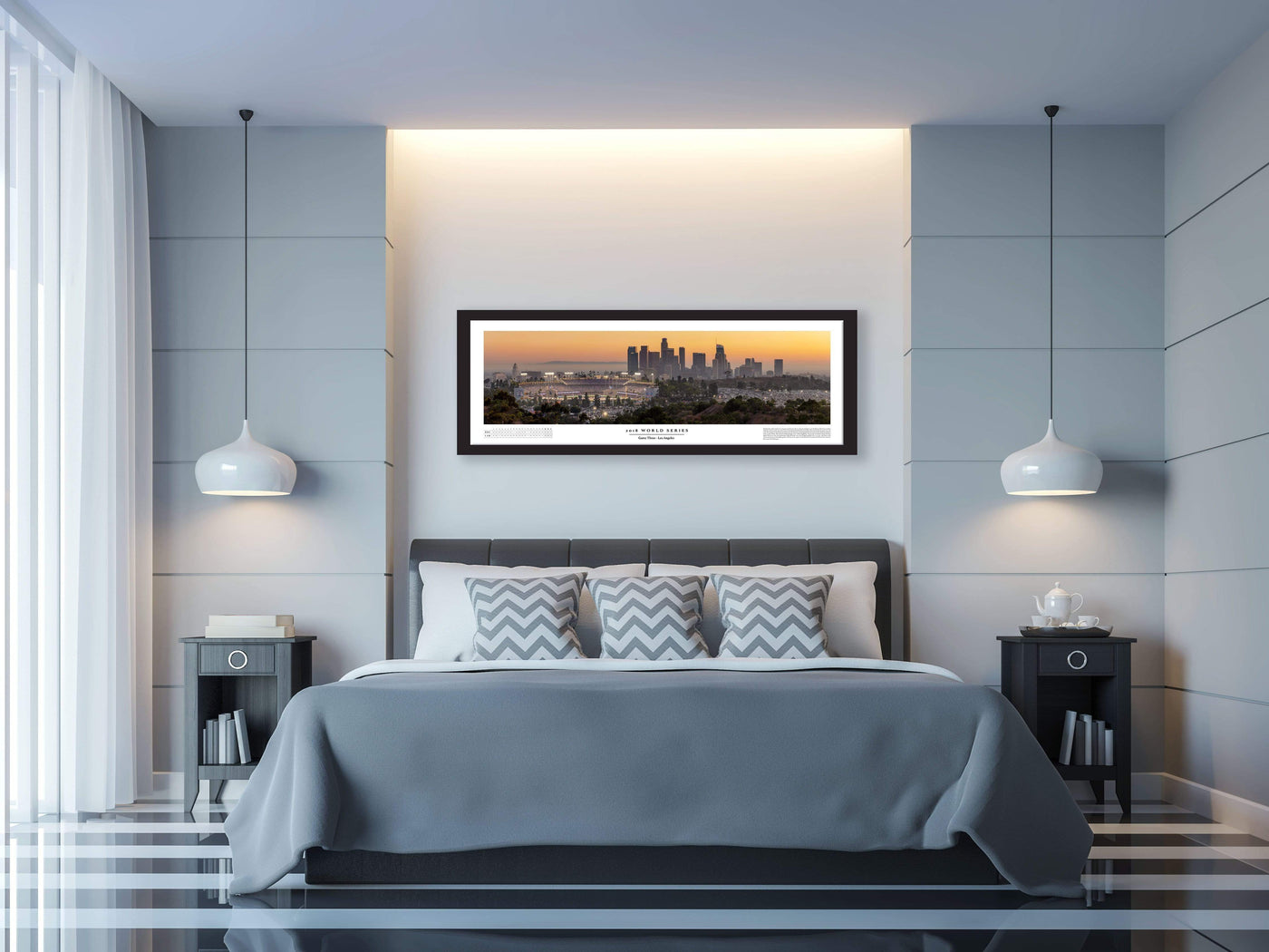 Dodger Stadium 2018 World Series Game 3 Boxscore Poster displayed in a styled room interior 2