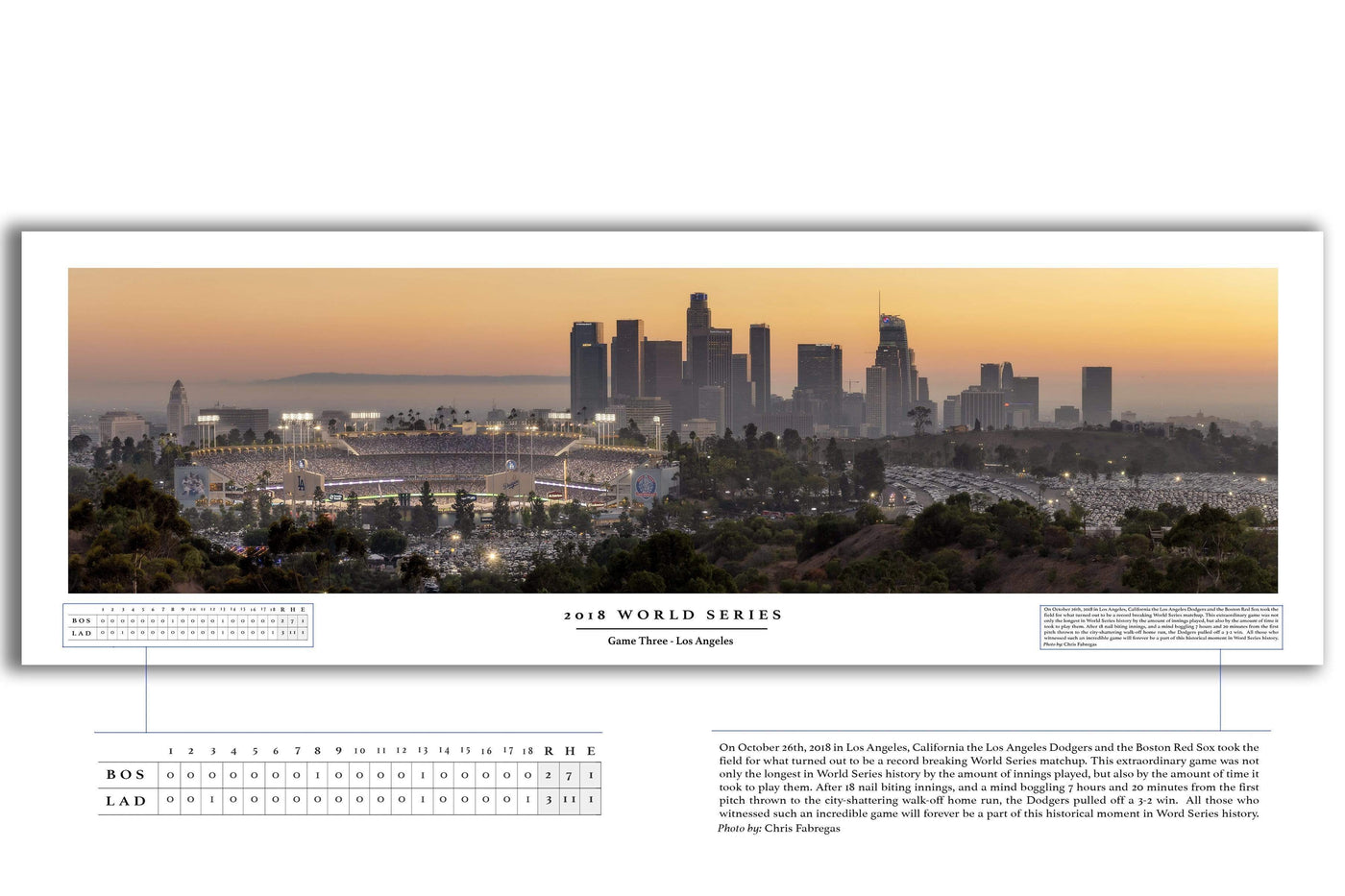 Dodger Stadium 2018 World Series Game 3 Boxscore Poster displayed in a styled room interior 3