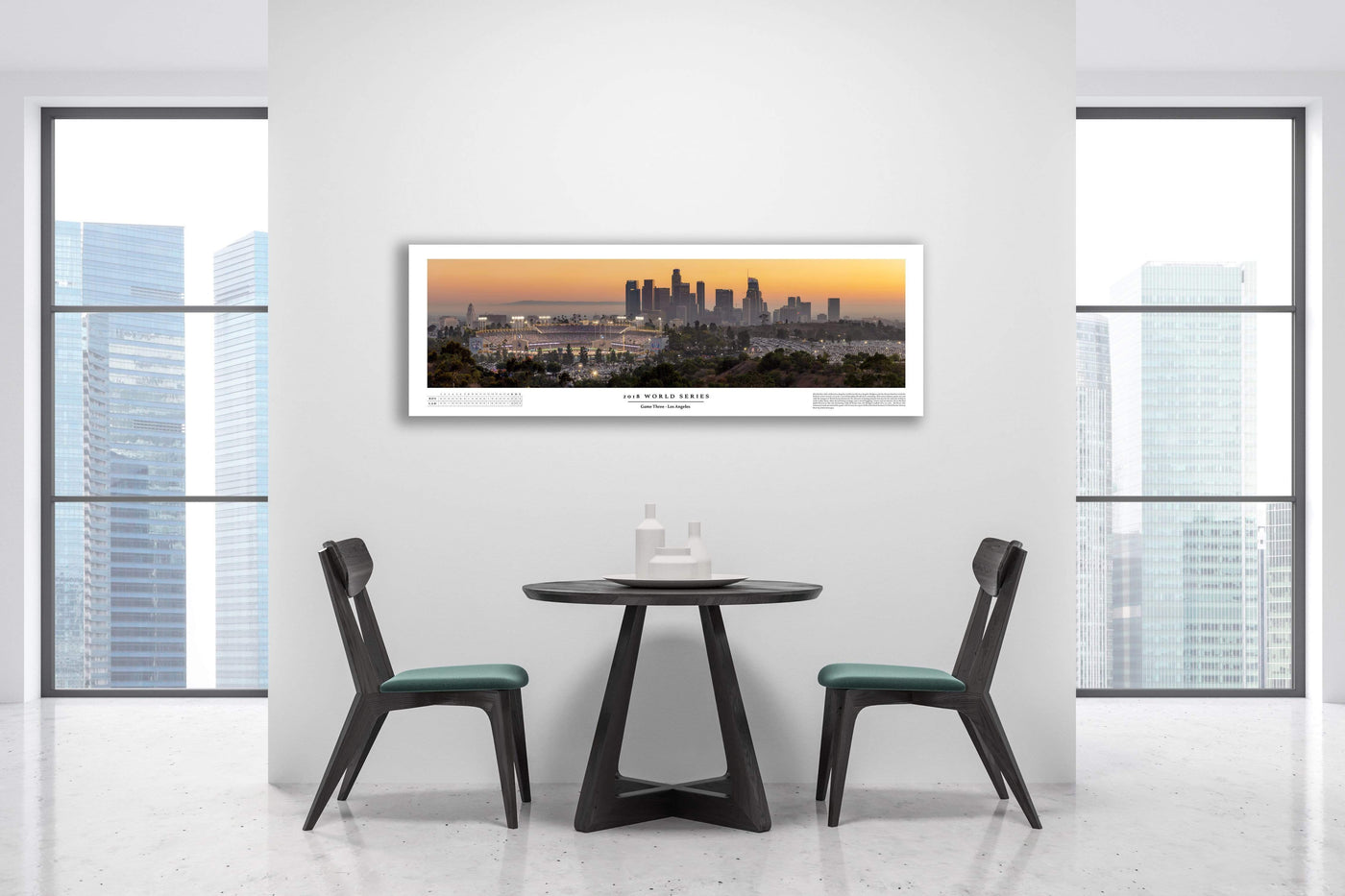 Dodger Stadium 2018 World Series Game 3 Boxscore Poster displayed in a styled room interior 4