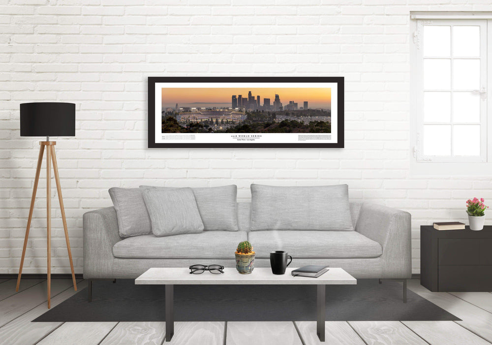 Dodger Stadium 2018 World Series Game 3 Boxscore Poster displayed in a styled room interior 5