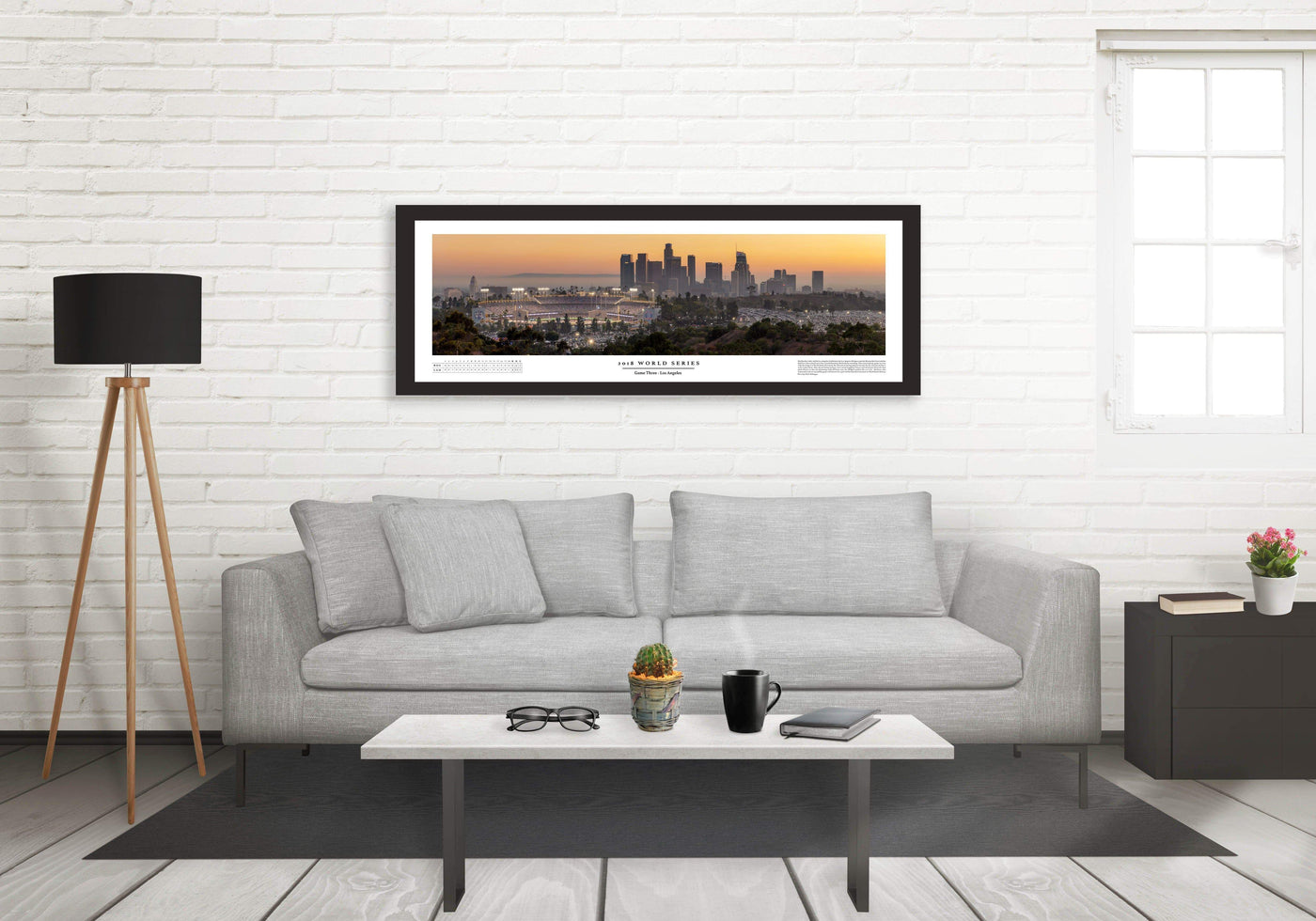 Dodger Stadium 2018 World Series Game 3 Boxscore Poster displayed in a styled room interior 5