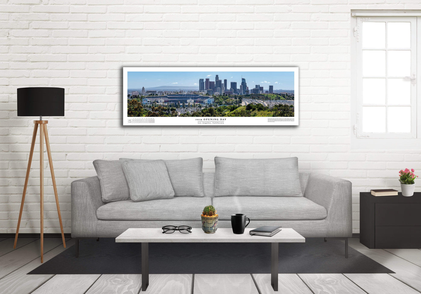 Dodger Stadium 2019 Opening Day Boxscore Poster displayed in a styled room interior 4