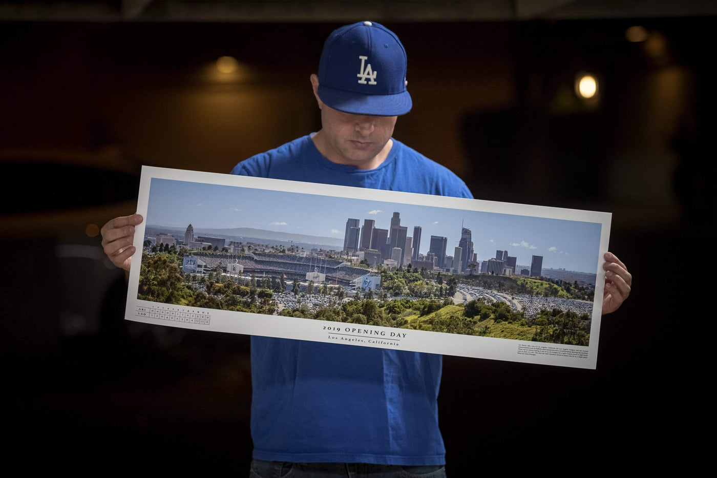 Dodger Stadium 2019 Opening Day Boxscore Poster displayed in a styled room interior 1