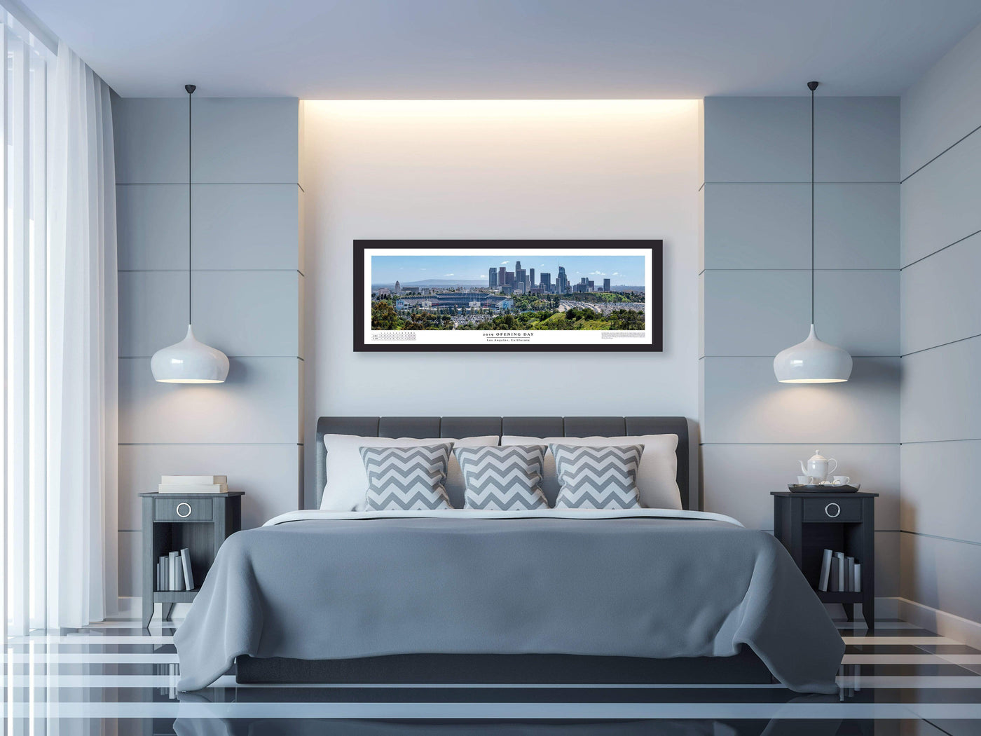 Dodger Stadium 2019 Opening Day Boxscore Poster displayed in a styled room interior 2